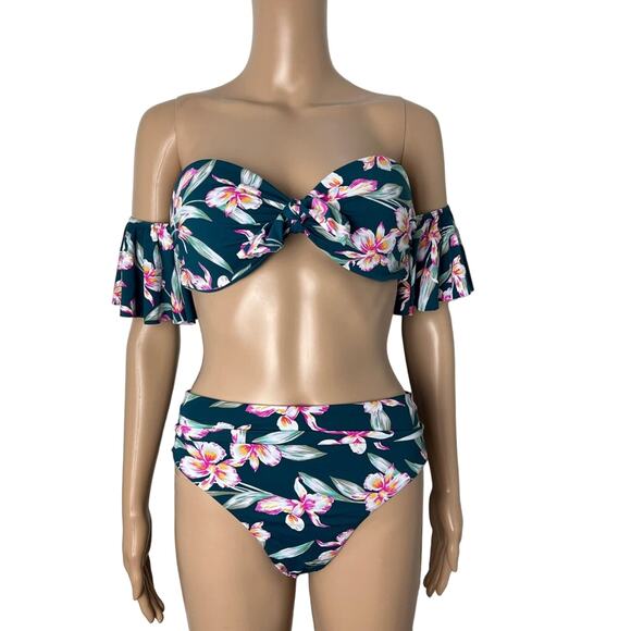 New Boutique Floral Print Emerald Green Off Shoulder Bikini Set - Picture 2 of 13